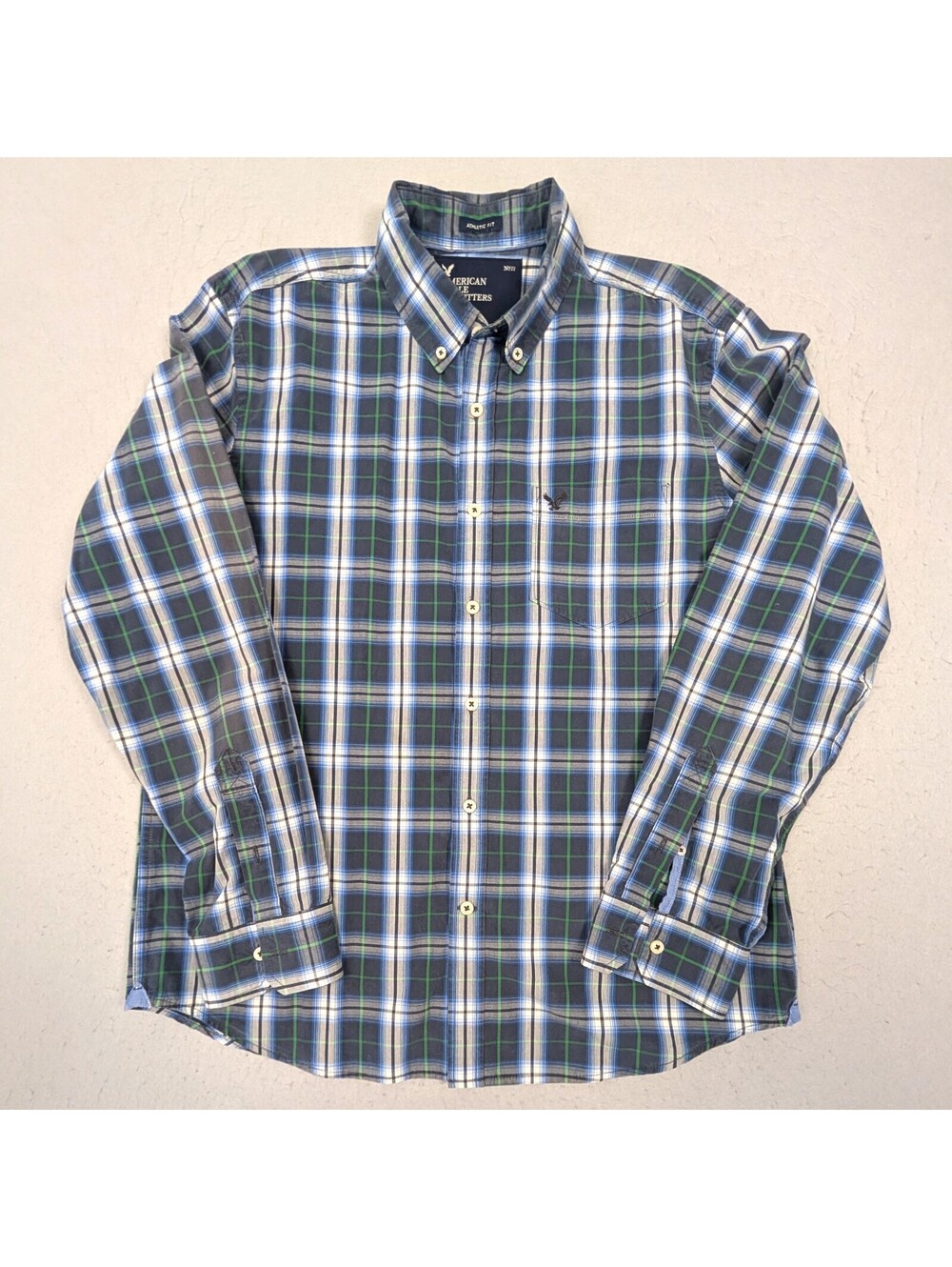 American Eagle Outfitters No 77 Shirt Mens L Athletic Fit Blue Plaid Cotton